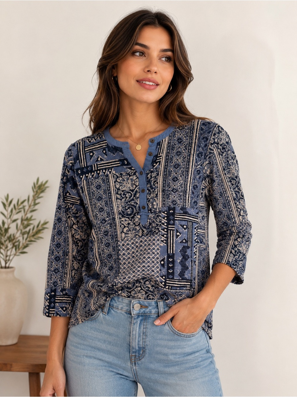 Lauren Ralph Lauren Blue Boho Patchwork Top – Women’s 3/4 Sleeve Blouse
